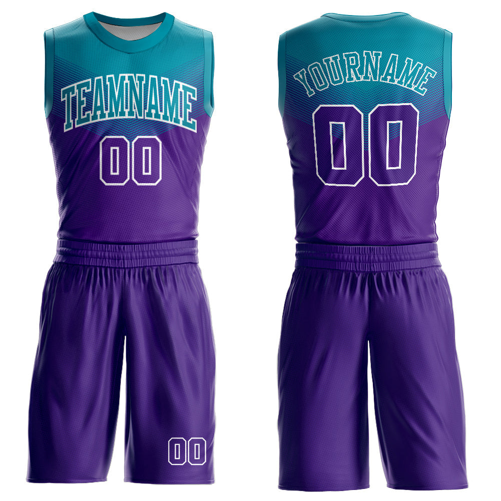 Custom Purple Teal-White Round Neck Sublimation Basketball Uniform Jersey - Main View
