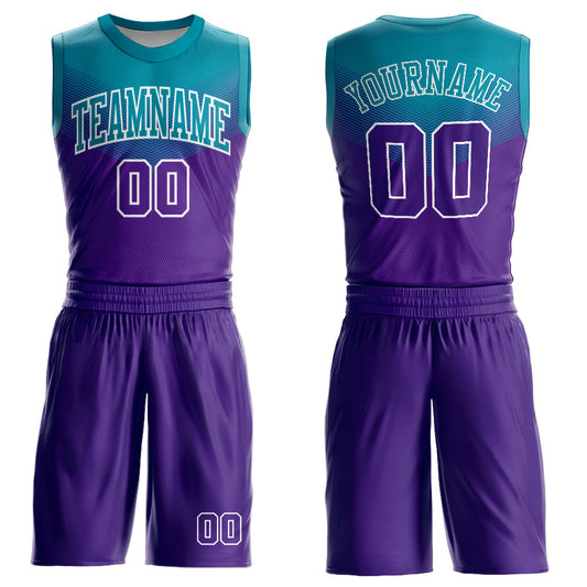 Custom Purple Teal-White Round Neck Sublimation Basketball Uniform Jersey - Main View