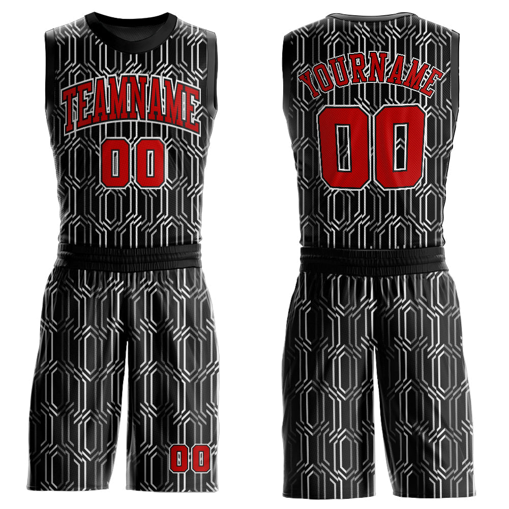 Custom Black Red-White Round Neck Sublimation Basketball Uniform Jersey - Main View