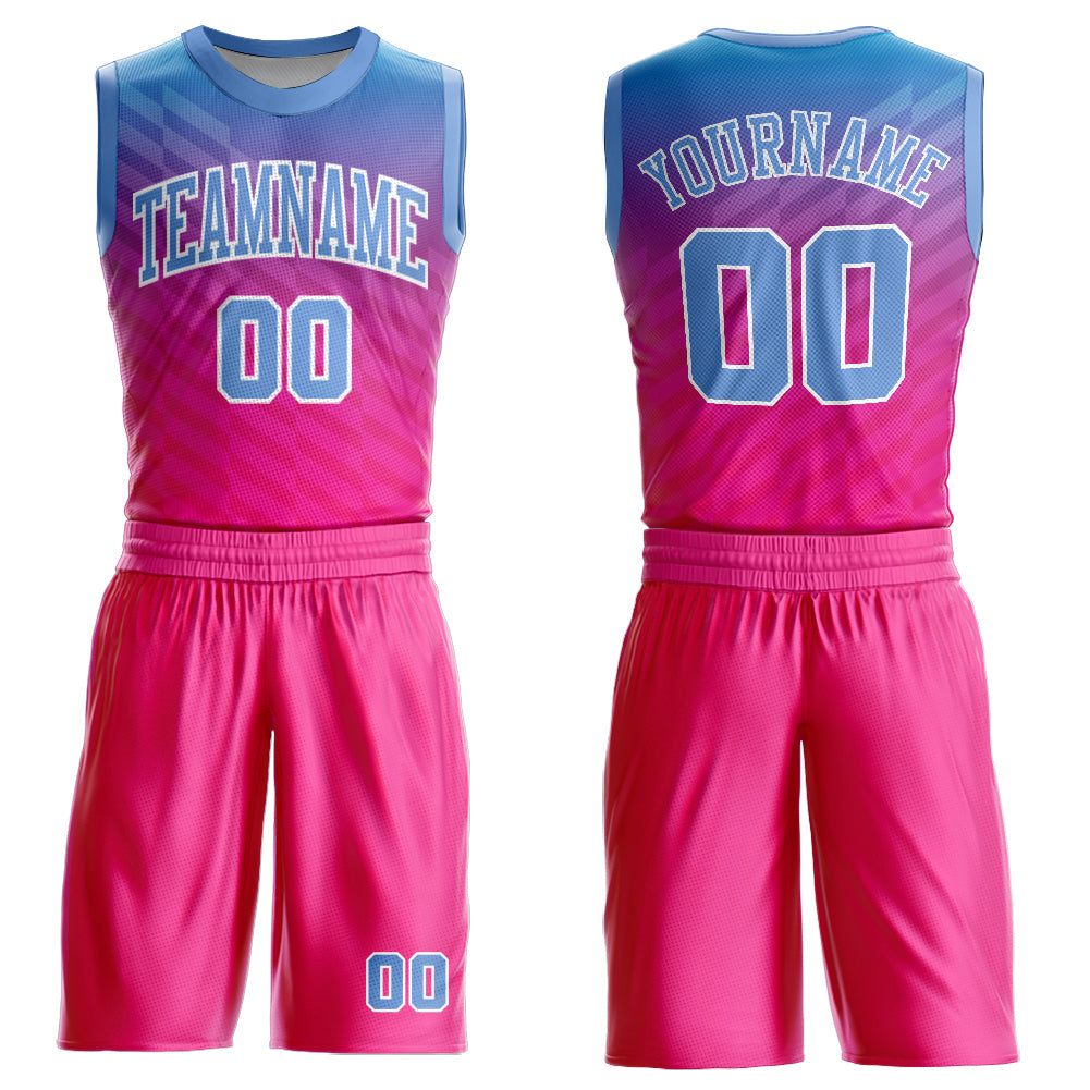 Custom Pink Light Blue-White Round Neck Sublimation Basketball Uniform Jersey - Main View
