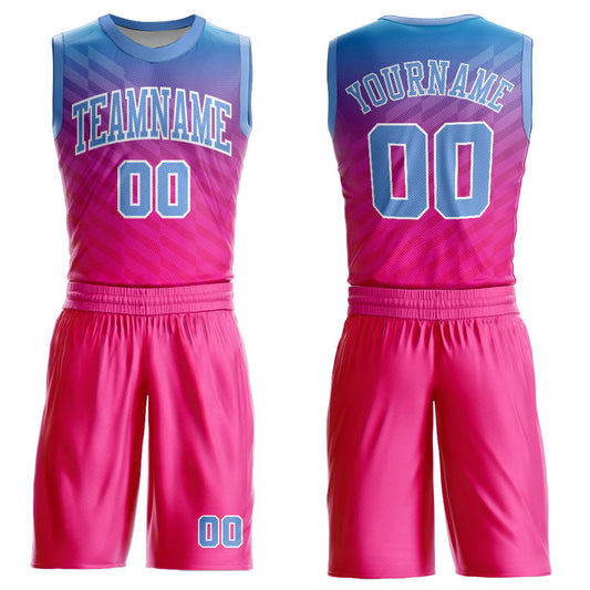 Custom Pink Light Blue-White Round Neck Sublimation Basketball Uniform Jersey - Main View