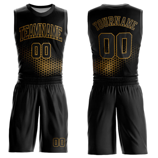 Custom Black Old Gold Round Neck Sublimation Basketball Uniform Jersey - Main View