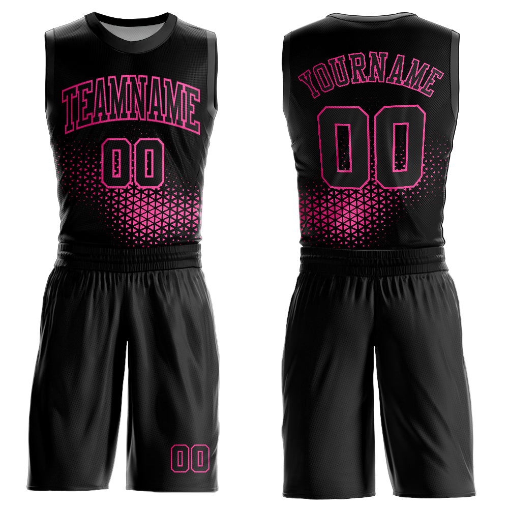 Custom Black Pink Round Neck Sublimation Basketball Uniform Jersey - Main View