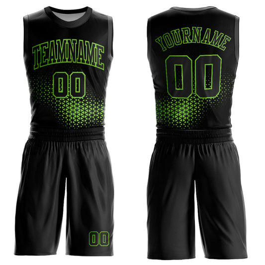 Custom Black Neon Green Round Neck Sublimation Basketball Uniform Jersey - Main View