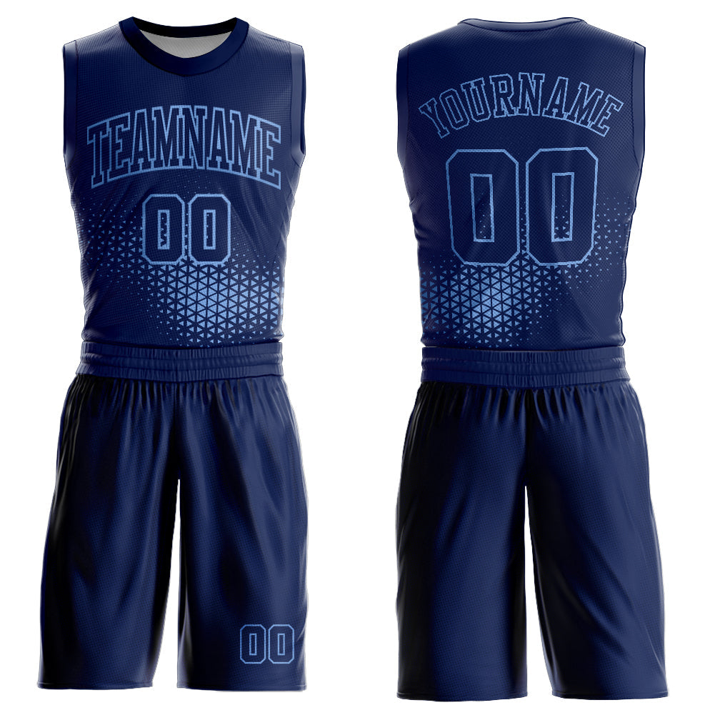 Custom Navy Light Blue Round Neck Sublimation Basketball Uniform Jersey - Main View