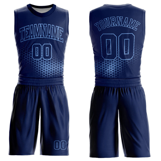 Custom Navy Light Blue Round Neck Sublimation Basketball Uniform Jersey - Main View