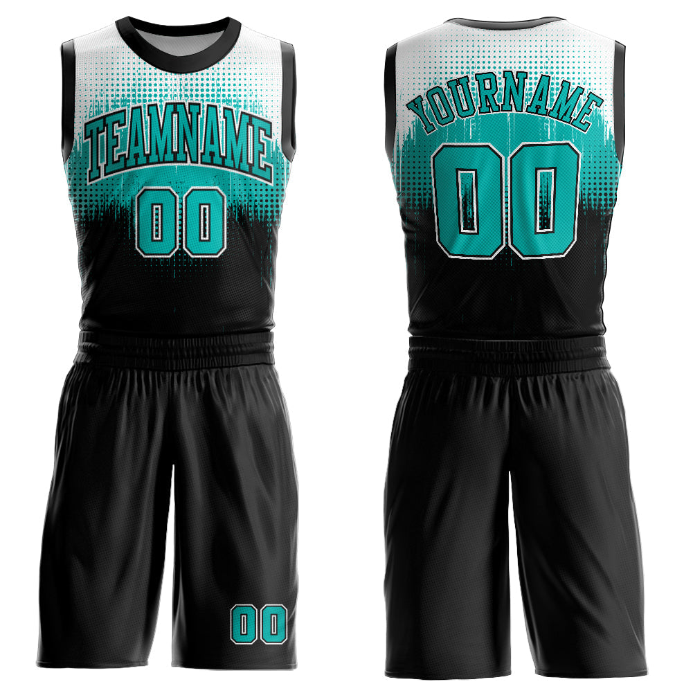 Custom Black Aqua-White Round Neck Sublimation Basketball Uniform Jersey - Main View