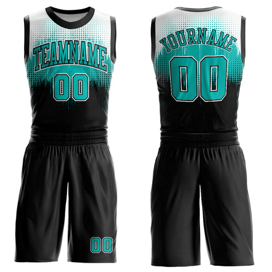 Custom Black Aqua-White Round Neck Sublimation Basketball Uniform Jersey - Main View