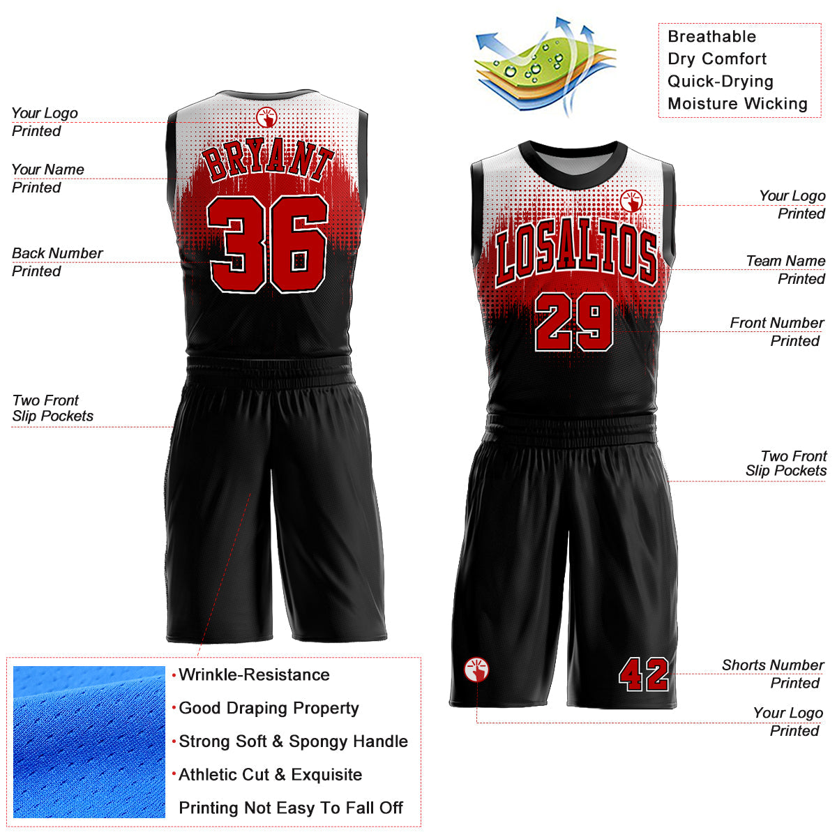 Custom Black Red-White Round Neck Sublimation Basketball Uniform Jersey view 2