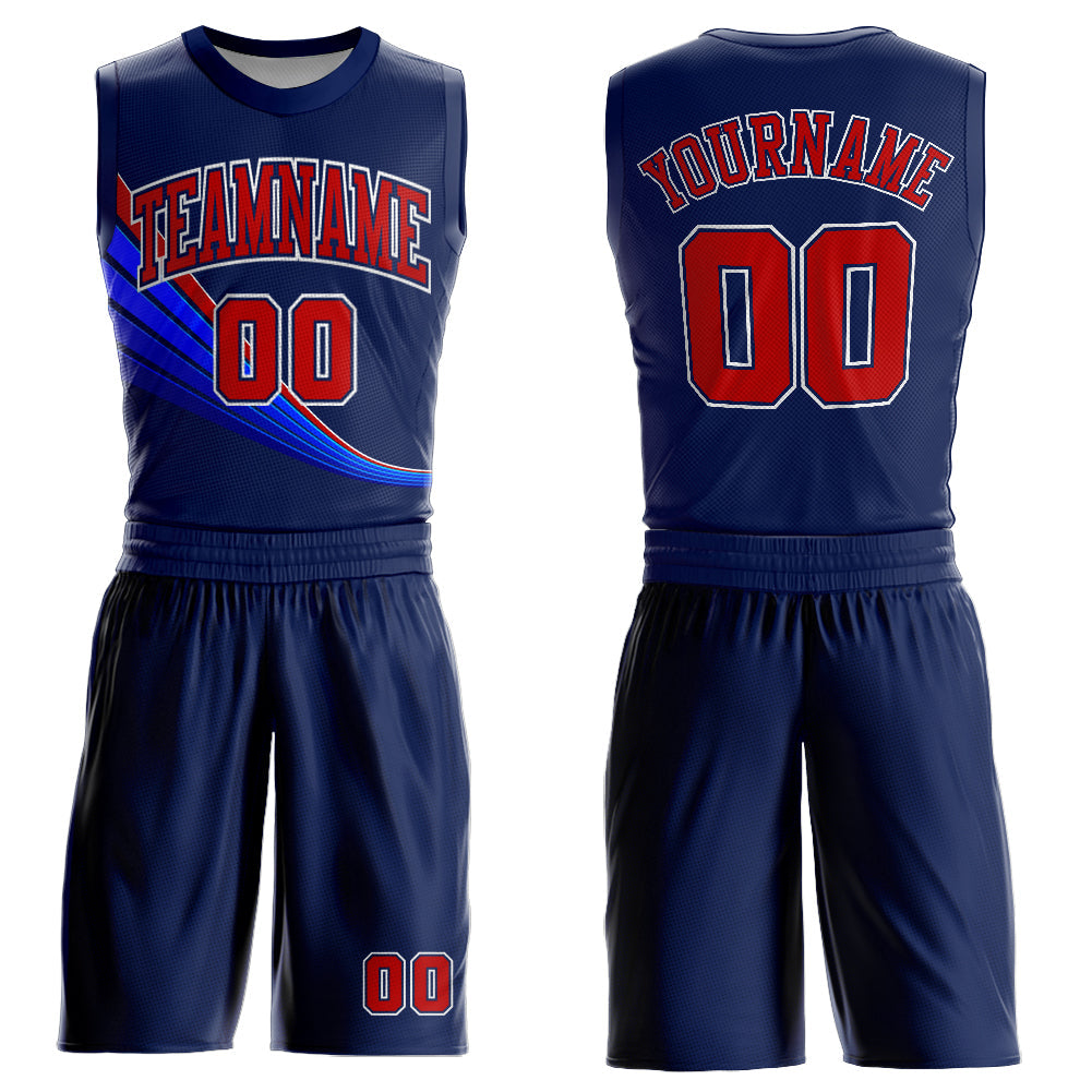 Custom Navy Red-White Round Neck Sublimation Basketball Uniform Jersey - Main View