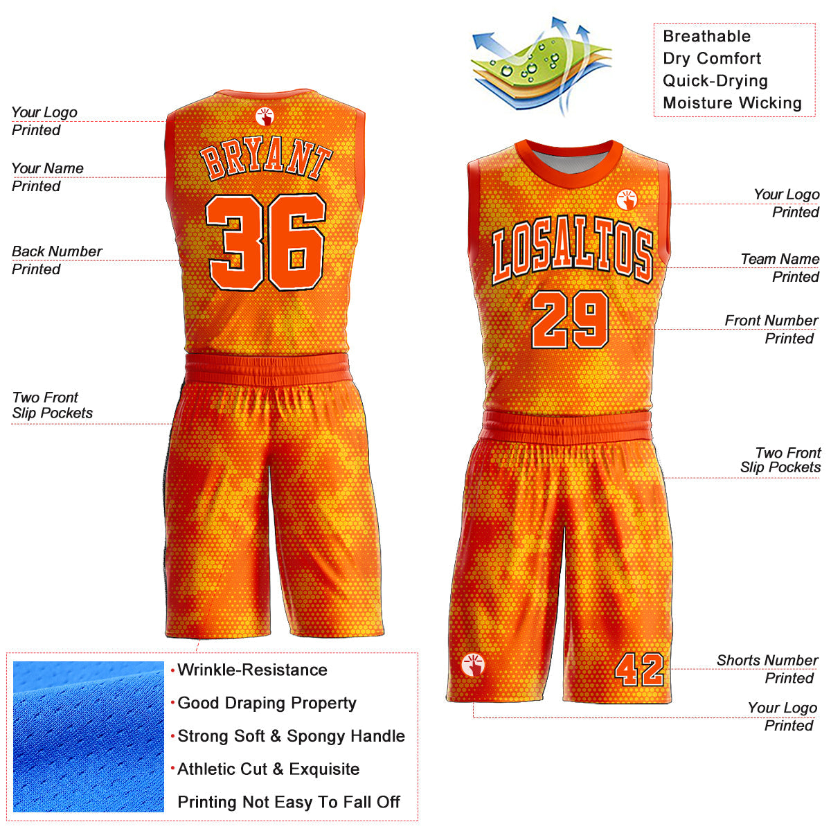 Custom Gold Orange Black-White Round Neck Sublimation Basketball Uniform Jersey view 2