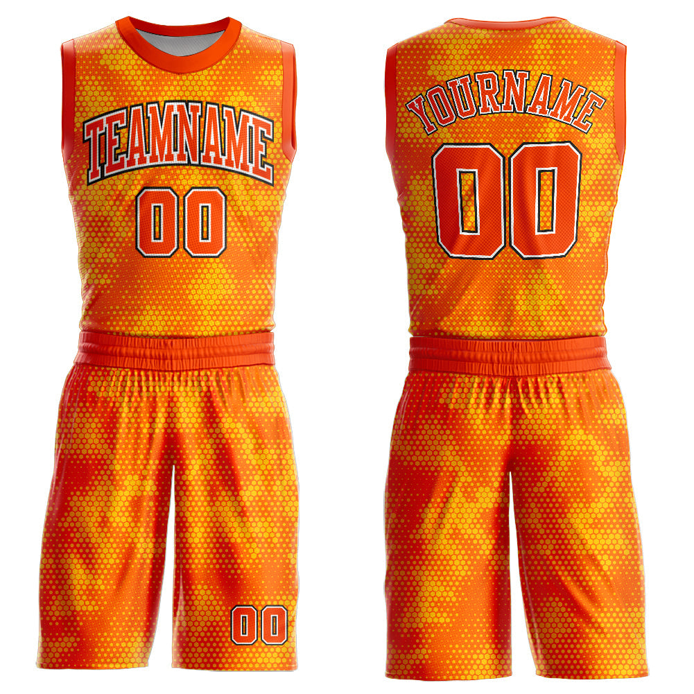 Custom Gold Orange Black-White Round Neck Sublimation Basketball Uniform Jersey - Main View