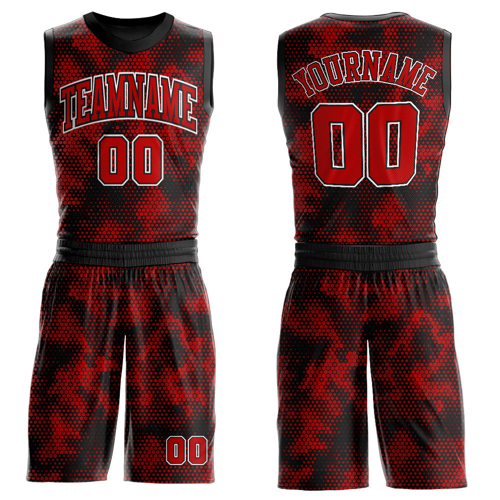 Custom Black Red-White Round Neck Sublimation Basketball Uniform Jersey - Main View