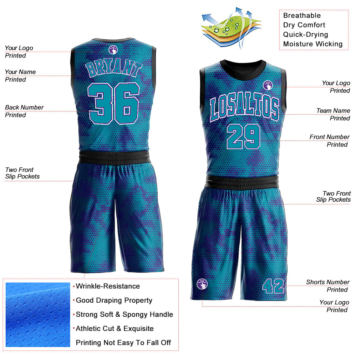 Custom Teal Purple-White Round Neck Sublimation Basketball Uniform Jersey view 2