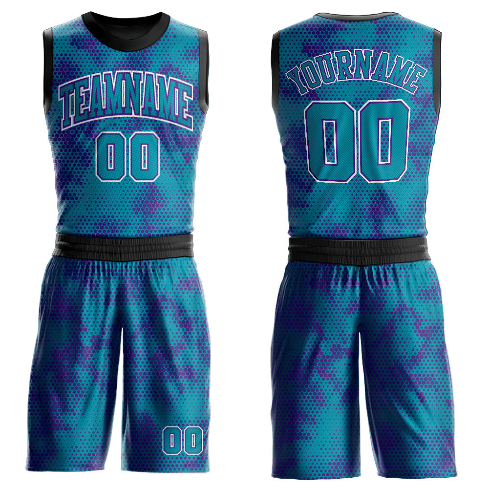 Custom Teal Purple-White Round Neck Sublimation Basketball Uniform Jersey - Main View