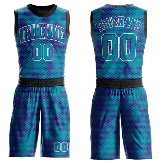 Custom Teal Purple-White Round Neck Sublimation Basketball Uniform Jersey - Main View