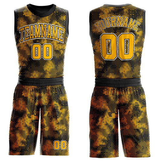 Custom Black Gold-White Round Neck Sublimation Basketball Uniform Jersey - Main View