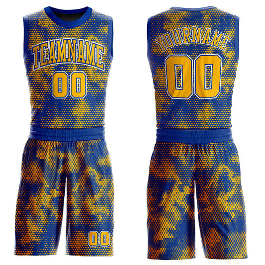 Custom Royal Gold-White Round Neck Sublimation Basketball Uniform Jersey - Main View