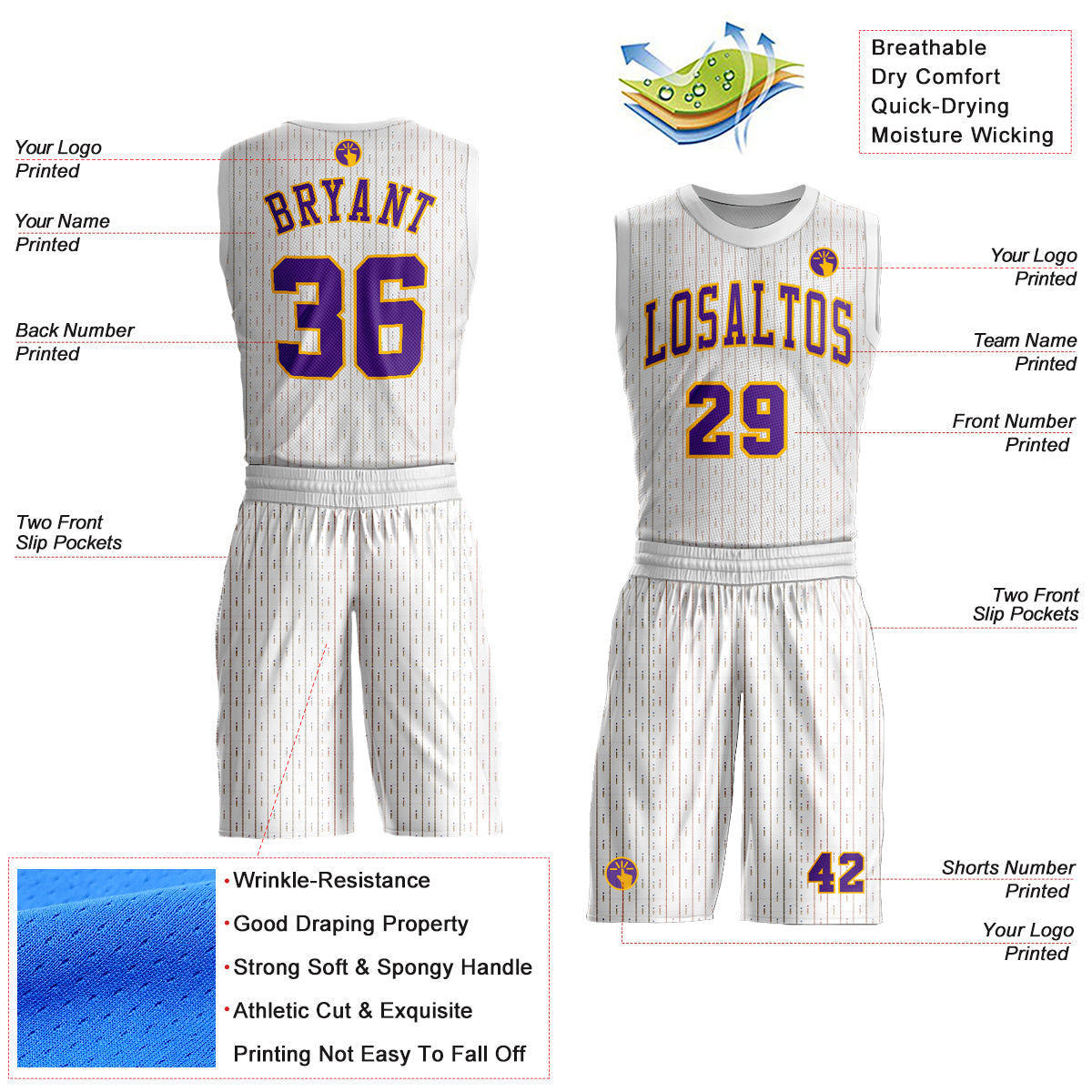 Custom White Purple-Gold Round Neck Sublimation Basketball Uniform Jersey view 2