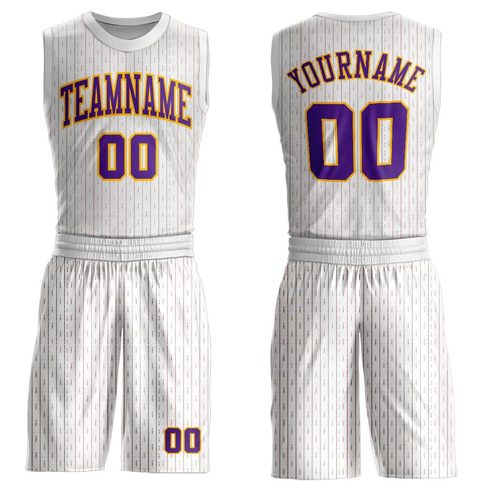 Custom White Purple-Gold Round Neck Sublimation Basketball Uniform Jersey - Main View