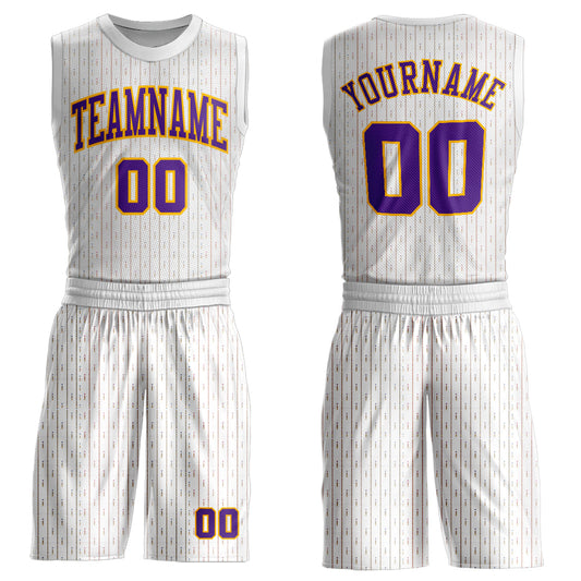 Custom White Purple-Gold Round Neck Sublimation Basketball Uniform Jersey - Main View