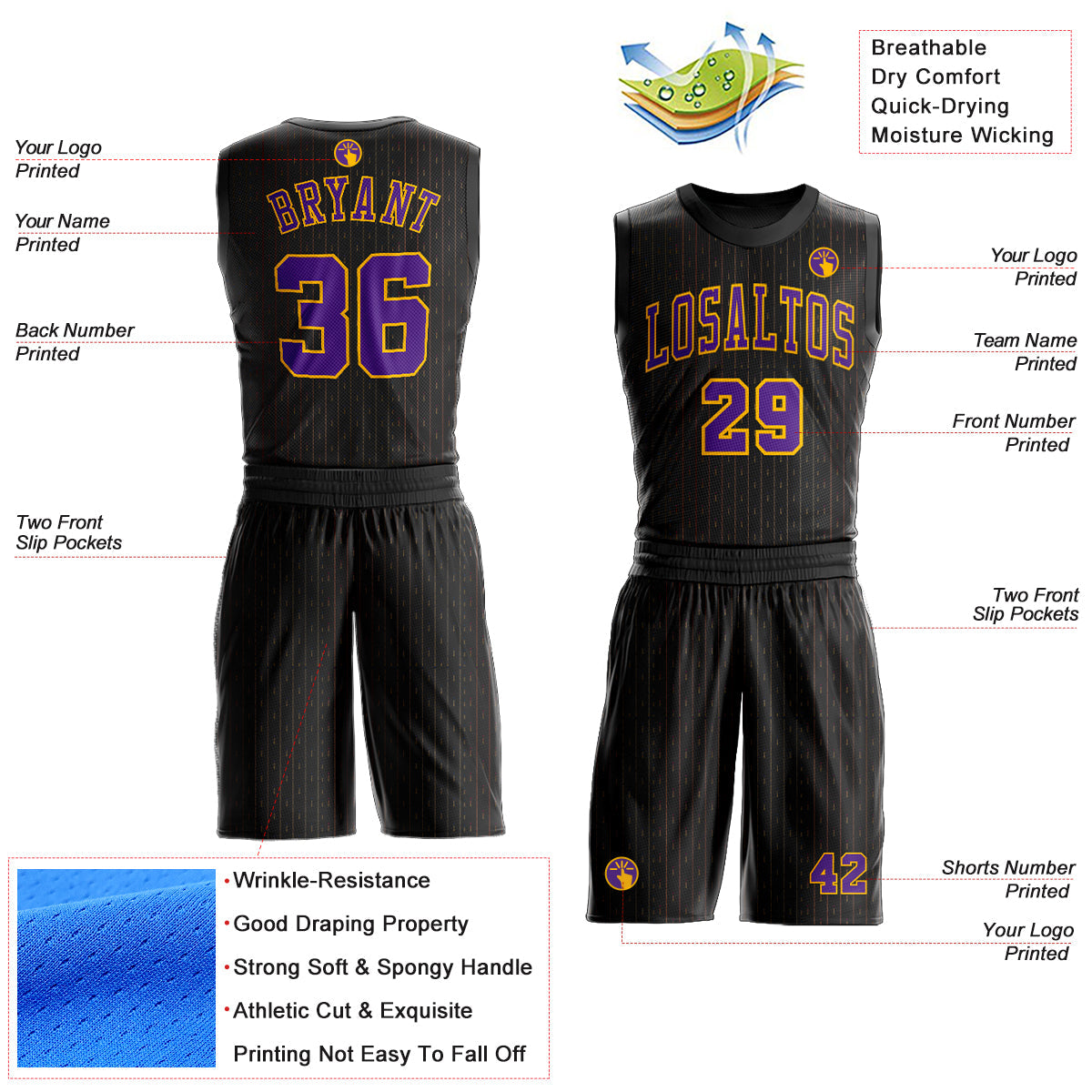Custom Black Purple-Gold Round Neck Sublimation Basketball Uniform Jersey view 2