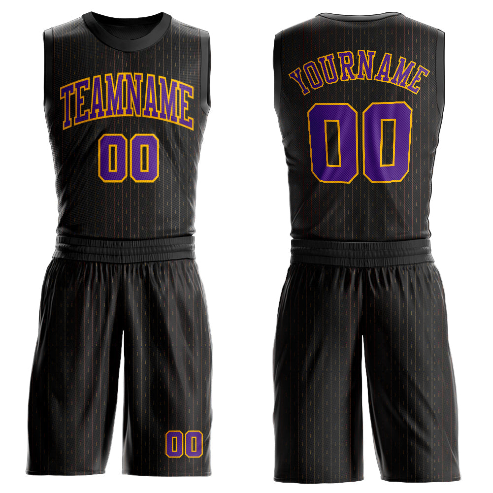 Custom Black Purple-Gold Round Neck Sublimation Basketball Uniform Jersey - Main View