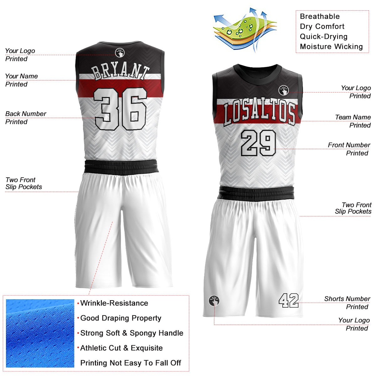Custom White Black-Red Round Neck Sublimation Basketball Uniform Jersey view 2