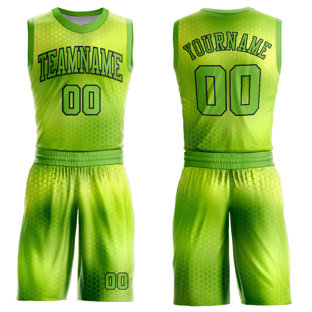 Custom Neon Green Black Round Neck Sublimation Basketball Uniform Jersey - Main View