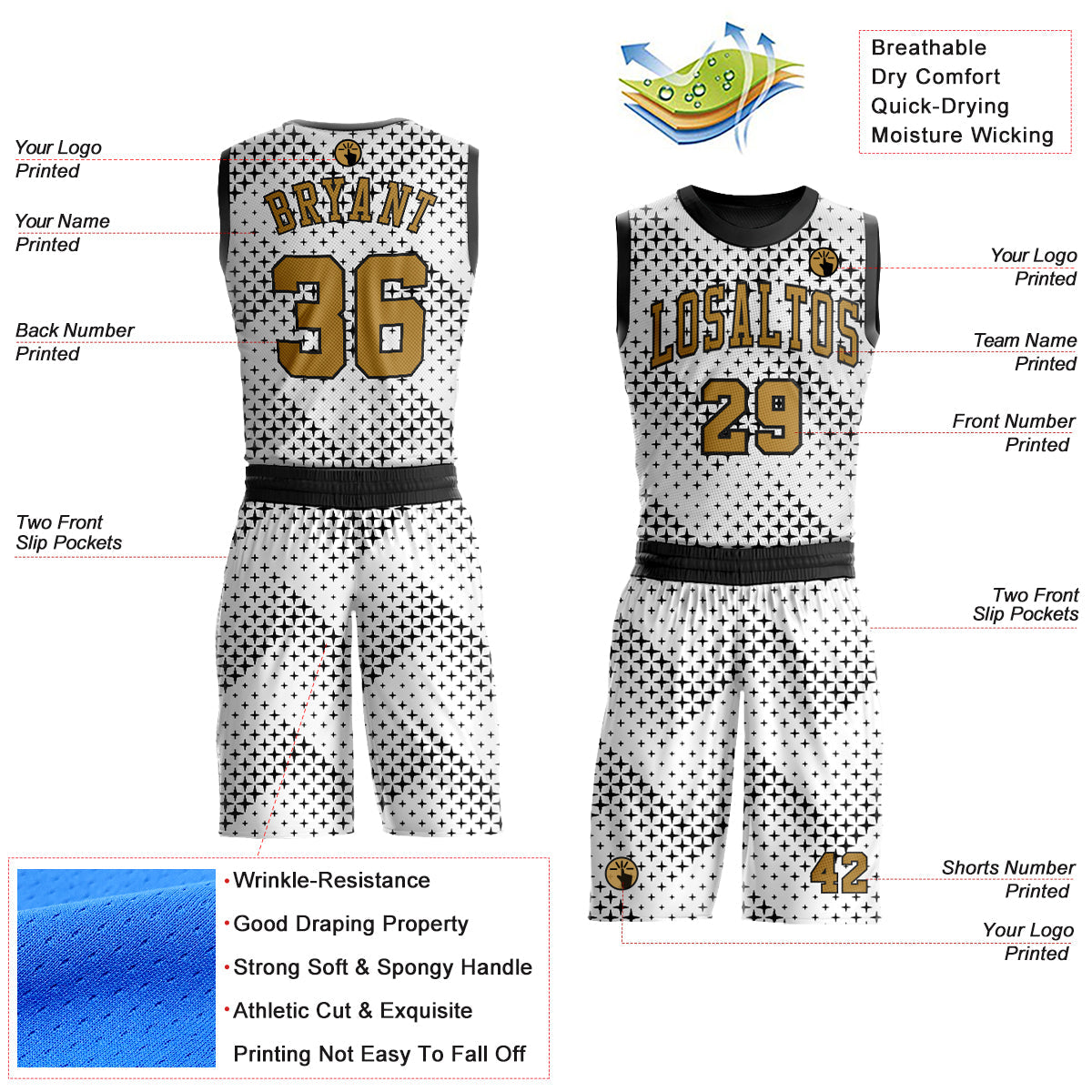Custom White Old Gold-Black Round Neck Sublimation Basketball Uniform Jersey view 2