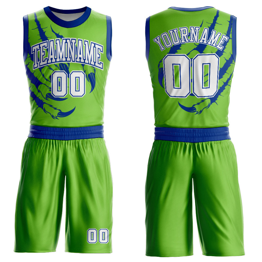 Custom Neon Green White-Royal Animals Claws Round Neck Sublimation Basketball Uniform Jersey - Main View