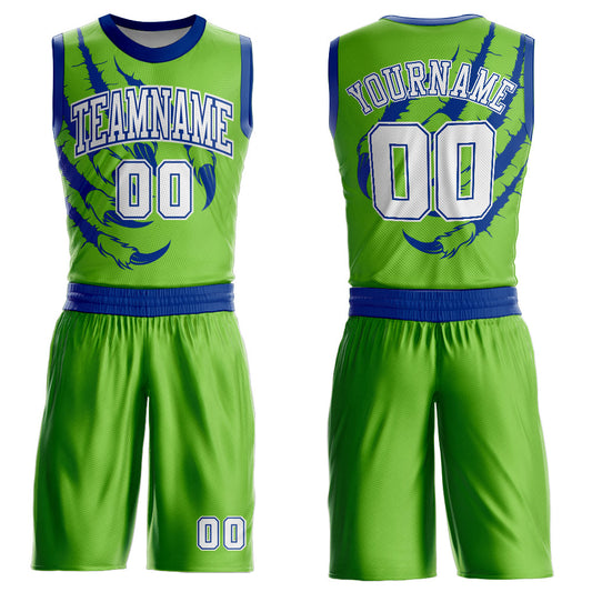 Custom Neon Green White-Royal Animals Claws Round Neck Sublimation Basketball Uniform Jersey - Main View