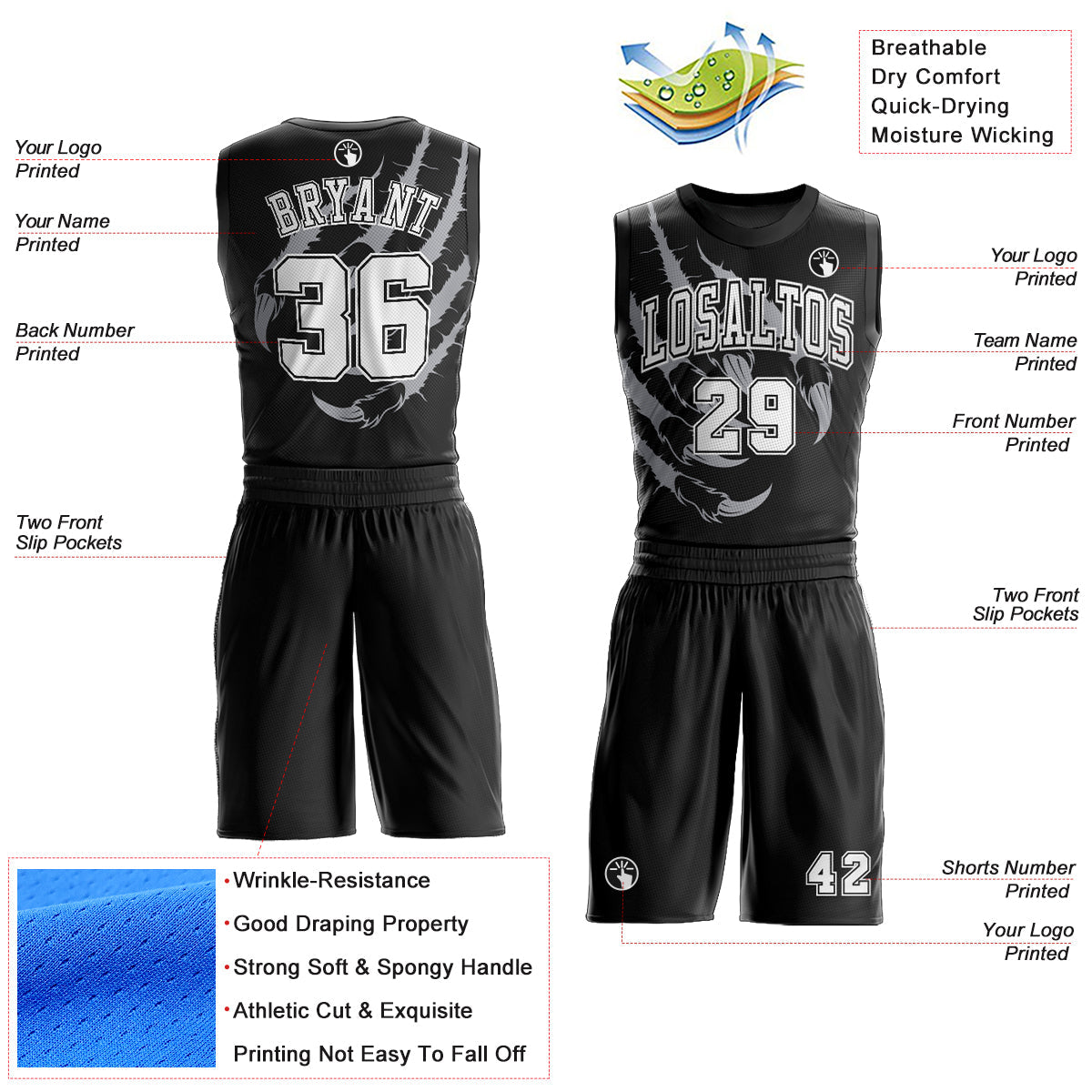 Custom Black White Animals Claws Round Neck Sublimation Basketball Uniform Jersey view 2