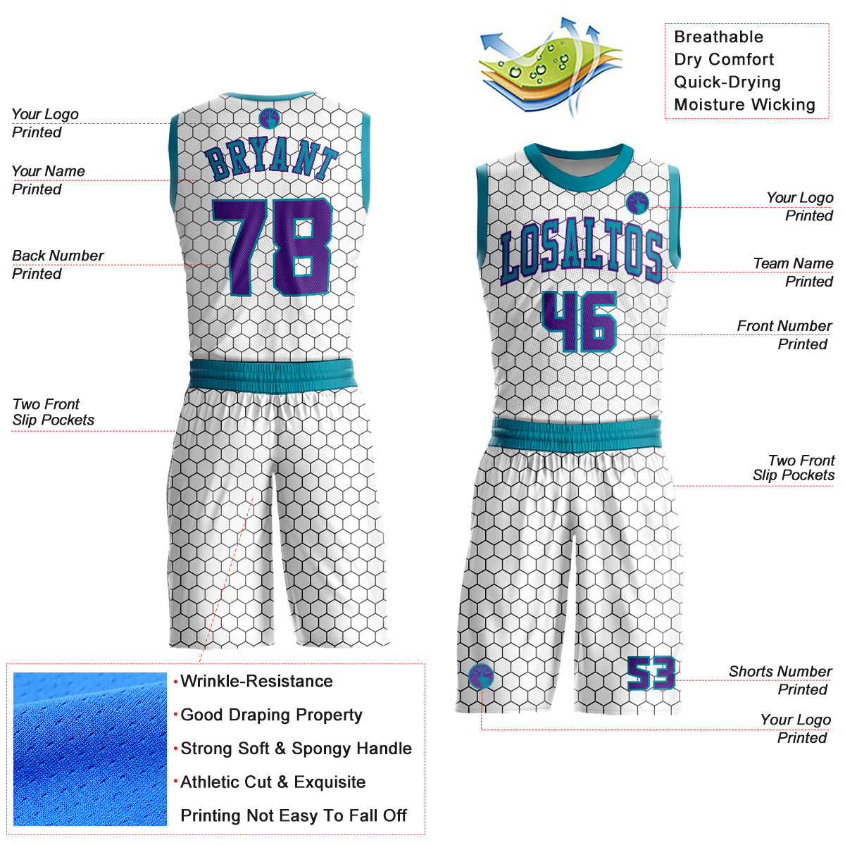 Custom White Purple-Teal Round Neck Sublimation Basketball Uniform Jersey view 2