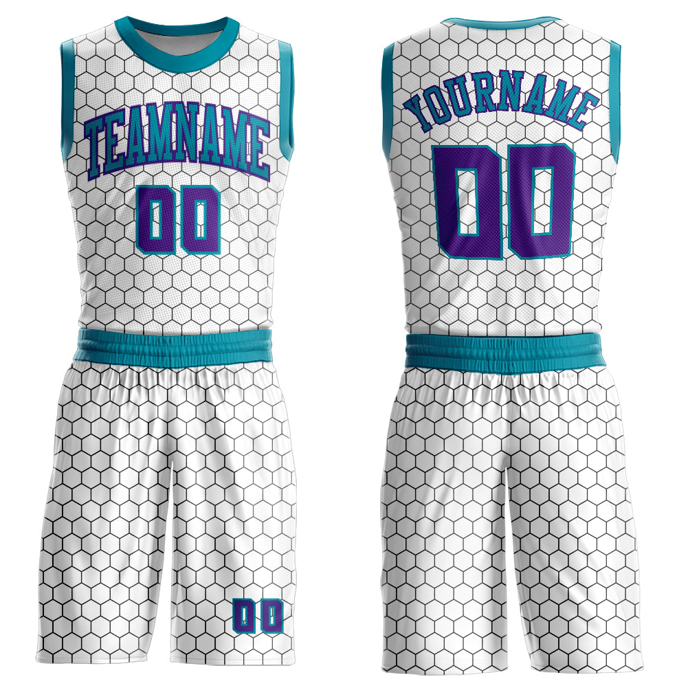Custom White Purple-Teal Round Neck Sublimation Basketball Uniform Jersey - Main View