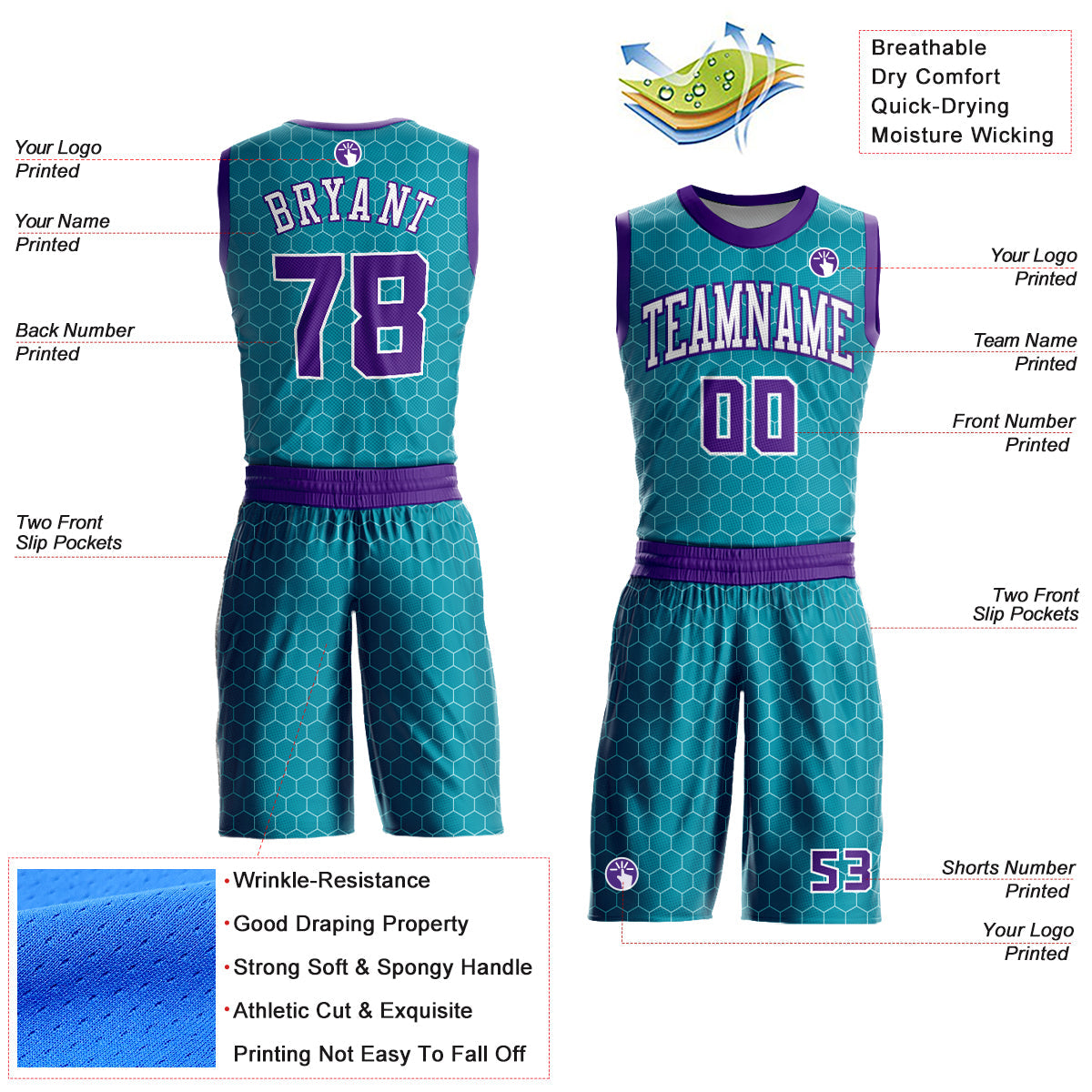 Custom Teal Purple-White Round Neck Sublimation Basketball Uniform Jersey view 2