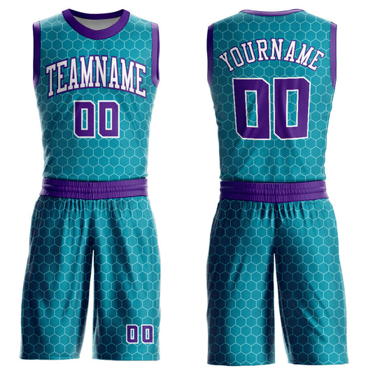 Custom Teal Purple-White Round Neck Sublimation Basketball Uniform Jersey - Main View