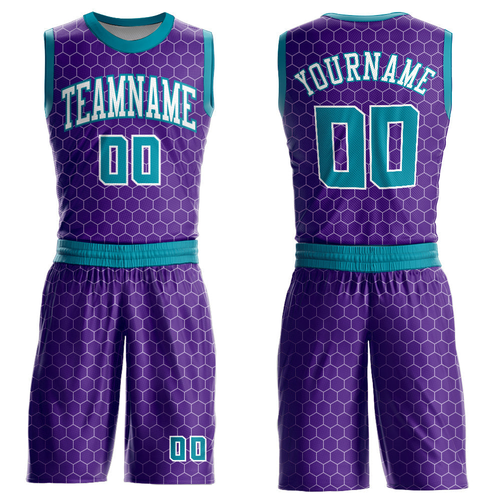Custom Purple Teal-White Round Neck Sublimation Basketball Uniform Jersey - Main View