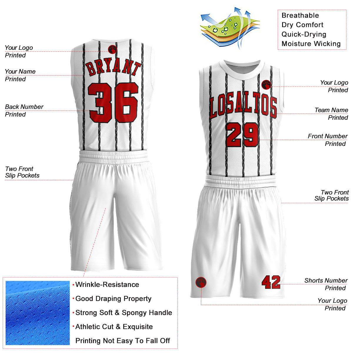 Custom White Red-Black Round Neck Sublimation Basketball Uniform Jersey view 2