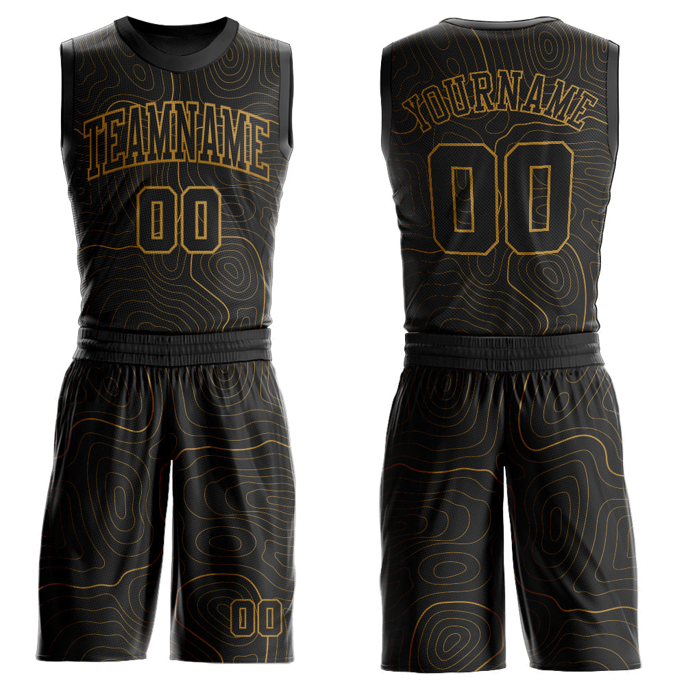 Custom Black Old Gold Round Neck Sublimation Basketball Uniform Jersey - Main View