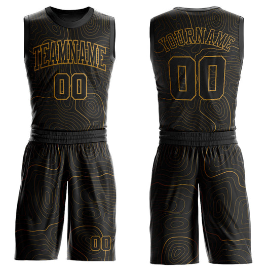 Custom Black Old Gold Round Neck Sublimation Basketball Uniform Jersey - Main View