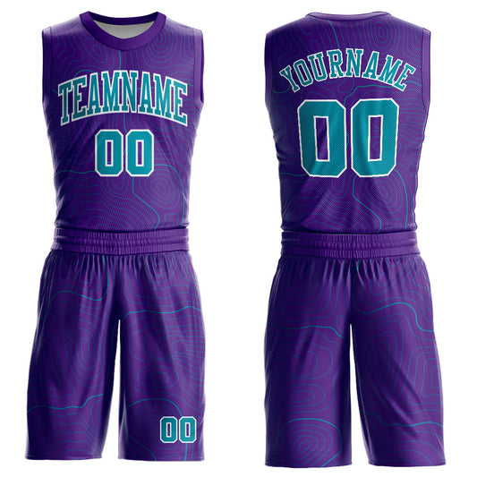 Custom Purple Teal-White Round Neck Sublimation Basketball Uniform Jersey - Main View