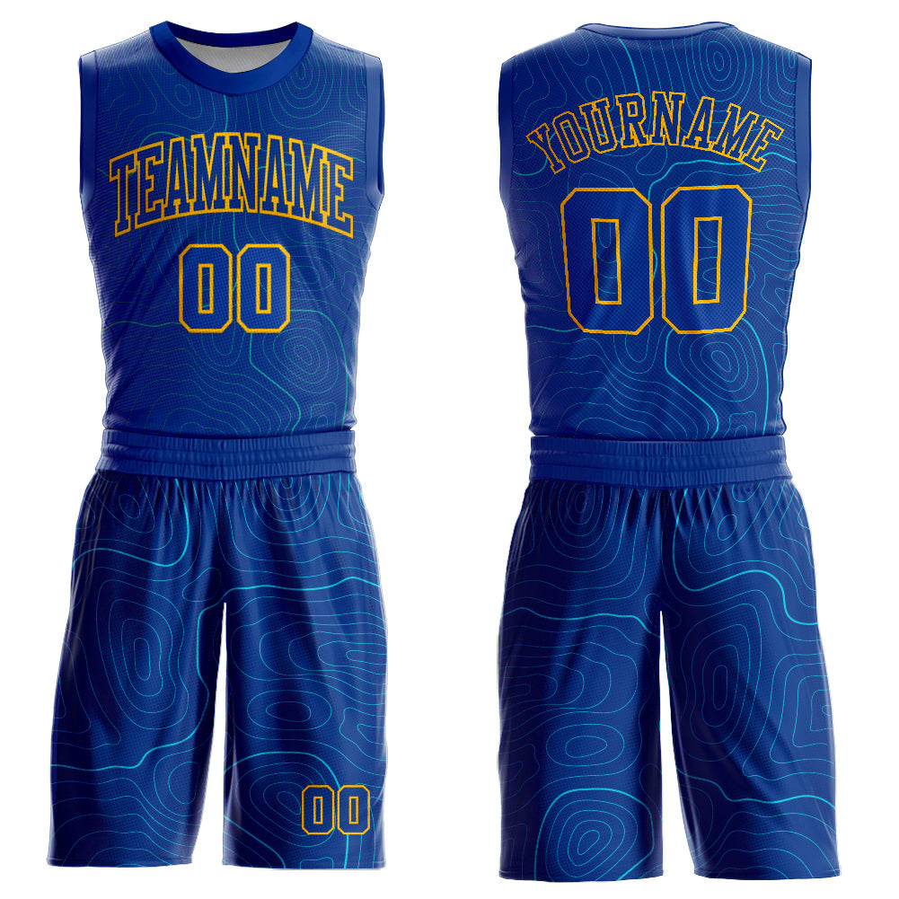 Custom Royal Gold Round Neck Sublimation Basketball Uniform Jersey - Main View