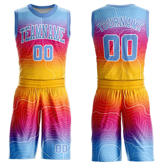 Custom Gold Light Blue-White Round Neck Sublimation Basketball Uniform Jersey - Main View