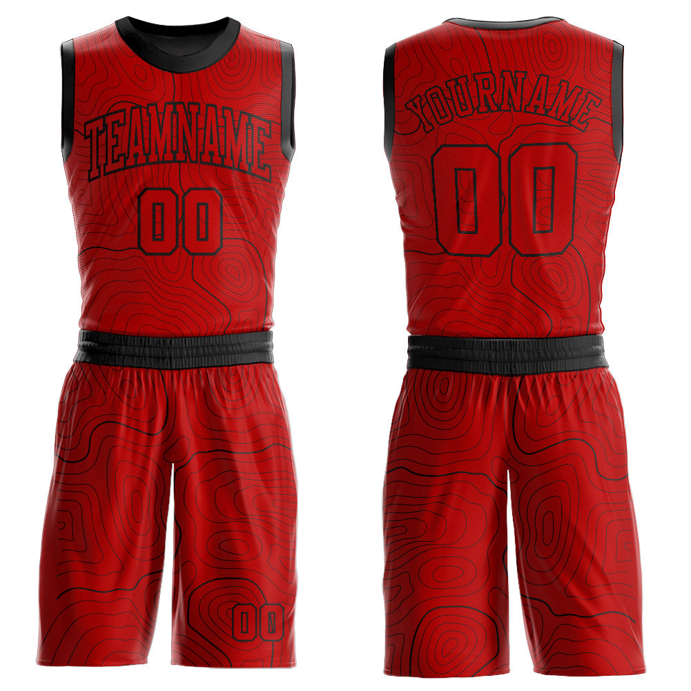 Custom Red Black Round Neck Sublimation Basketball Uniform Jersey - Main View