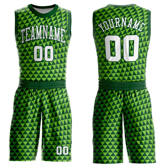 Custom Green White-Neon Green Triangle Shapes Round Neck Sublimation Basketball Uniform Jersey - Main View