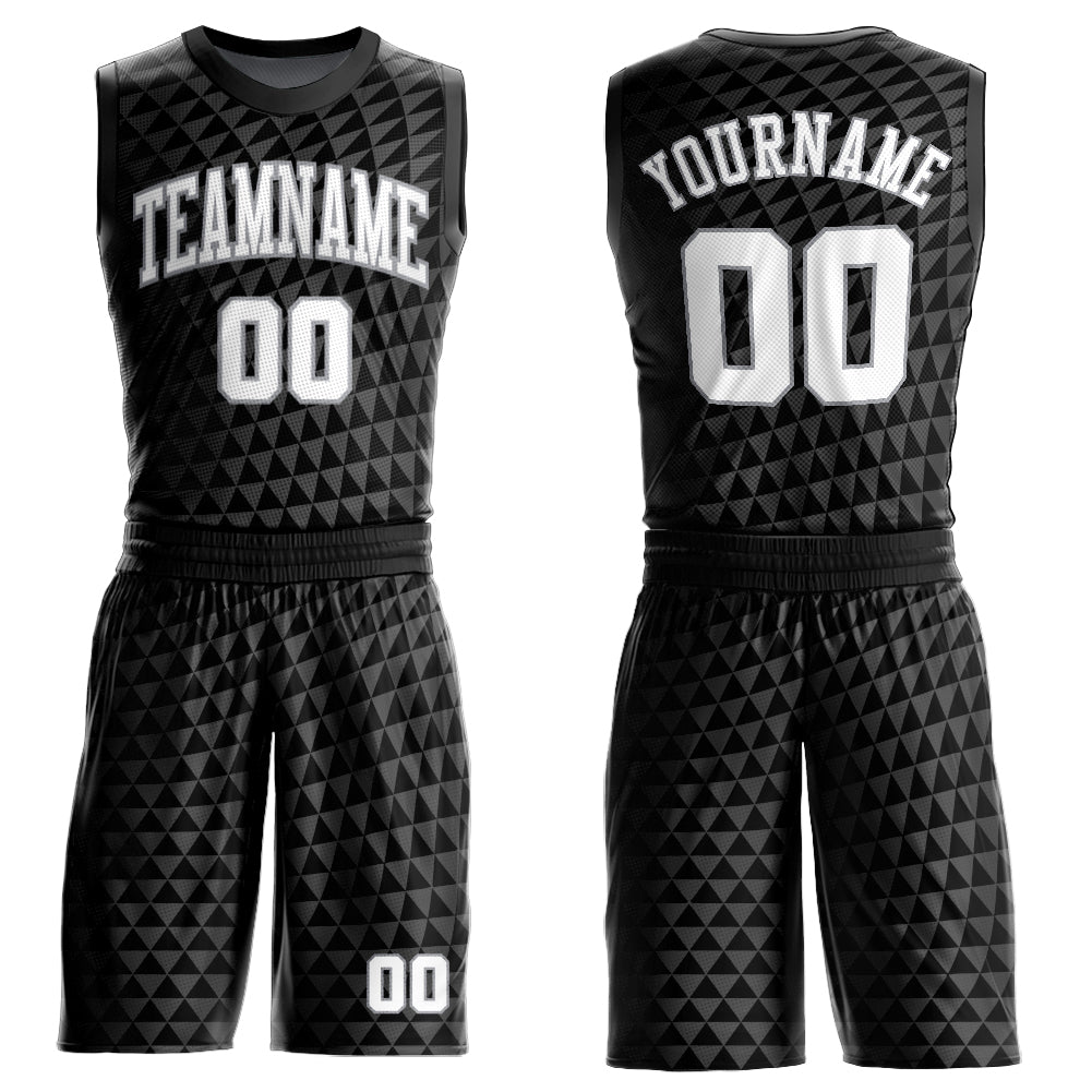 Custom Black White-Gray Triangle Shapes Round Neck Sublimation Basketball Uniform Jersey - Main View