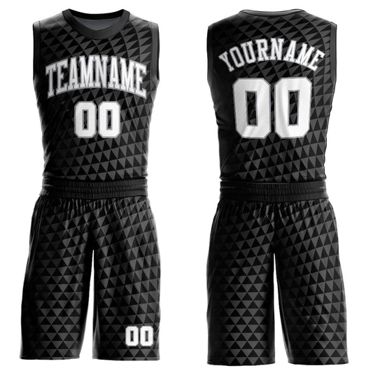 Custom Black White-Gray Triangle Shapes Round Neck Sublimation Basketball Uniform Jersey - Main View