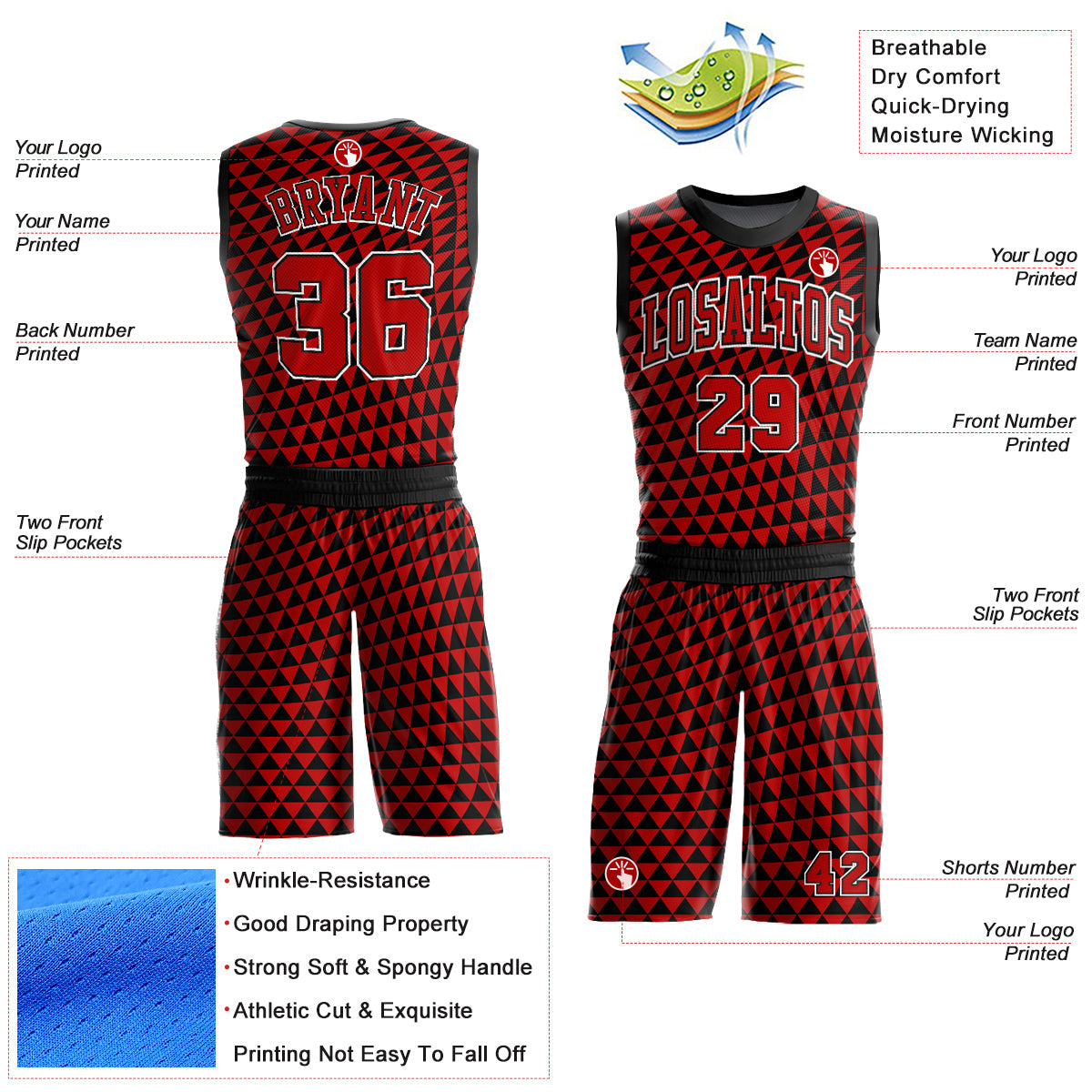 Custom Red Black-White Triangle Shapes Round Neck Sublimation Basketball Uniform Jersey view 2