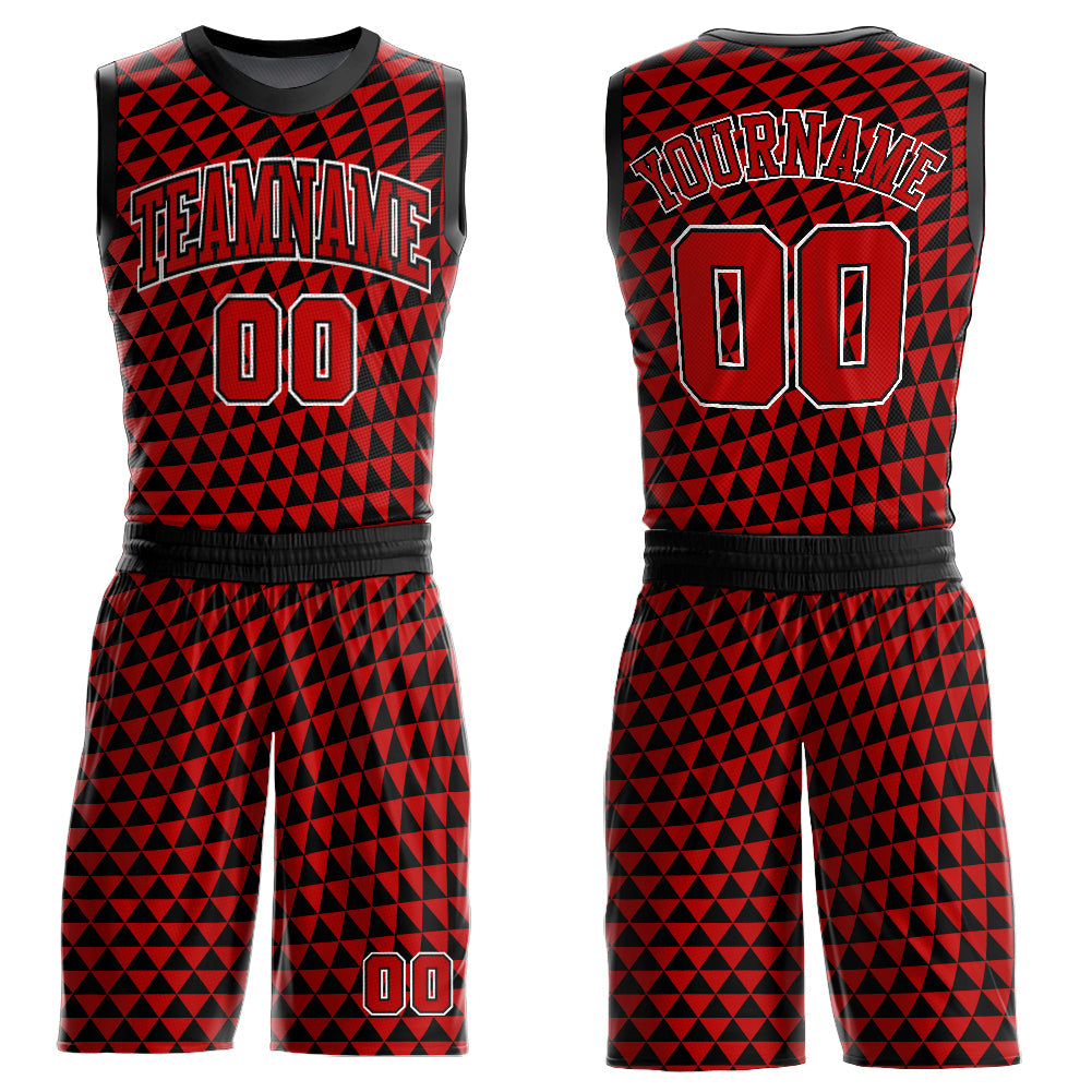 Custom Red Black-White Triangle Shapes Round Neck Sublimation Basketball Uniform Jersey - Main View